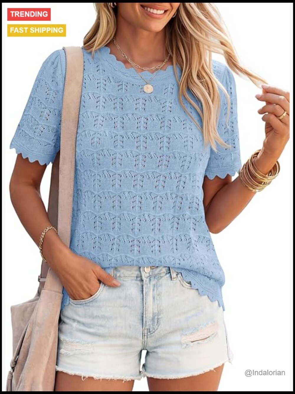 Women's Crochet Short Sleeve Crewneck Loose Tops Beach Vacation Outfits